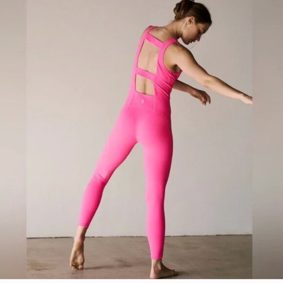 NWT Free People FP Movement Never Better Strappy Back Jumpsuit Large, HOT PINK - Picture 8 of 10